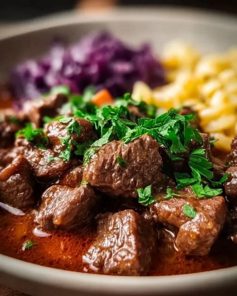 Delikates Hirschgulasch auf einem Teller serviert mit Beilagen.