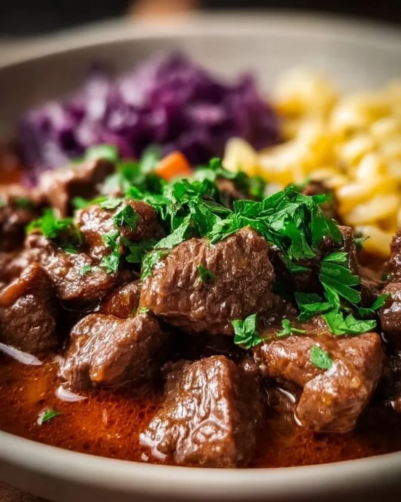 Delikates Hirschgulasch auf einem Teller serviert mit Beilagen.