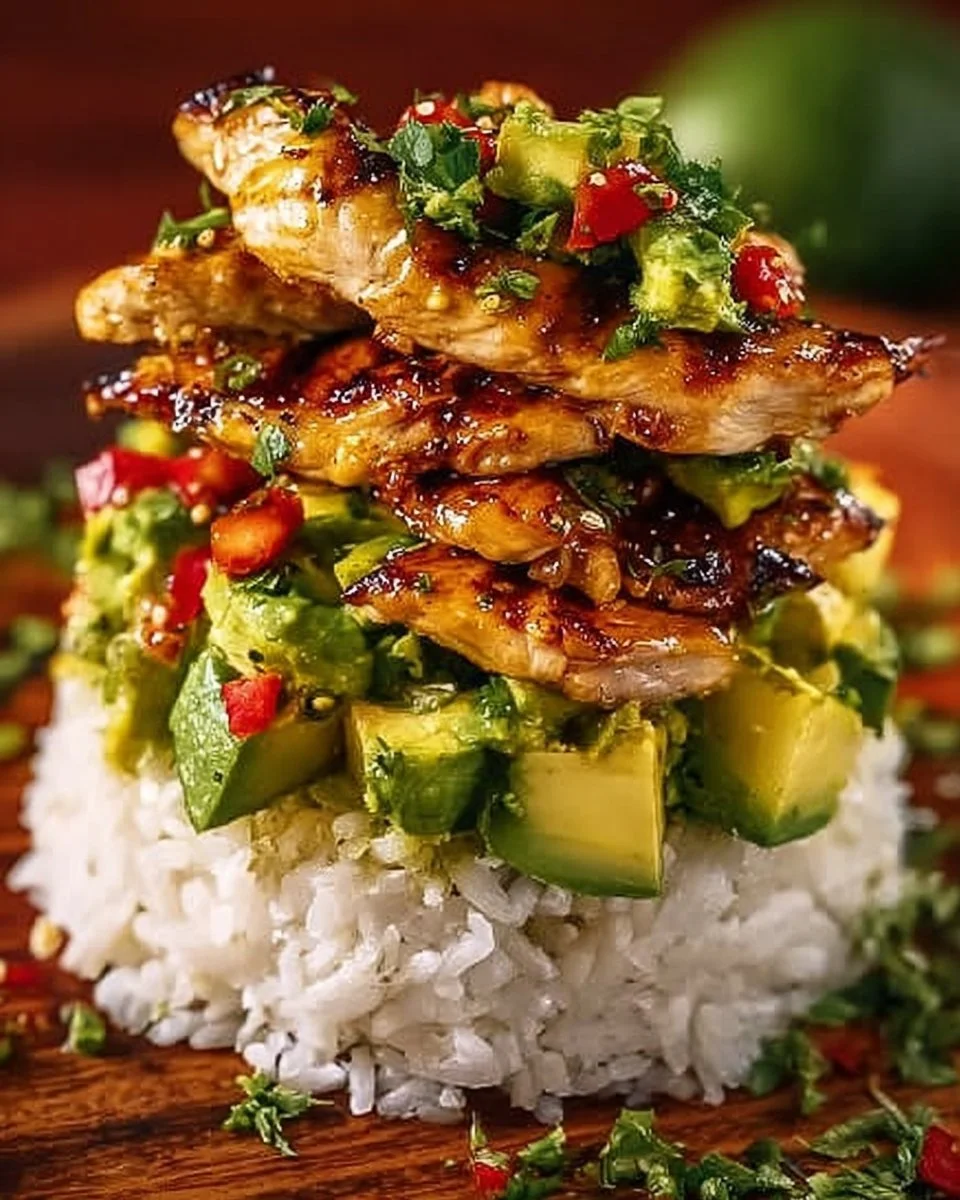 Honig-Limetten-Hühnchen mit Avocado-Reis-Stack auf einem Teller serviert