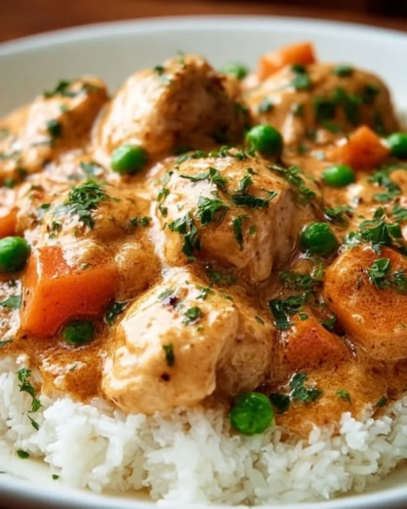 Hühnerfrikassee mit zarten Hühnerstücken und cremiger Soße