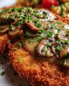 Jägerschnitzel mit Pilzsoße auf einem Teller serviert
