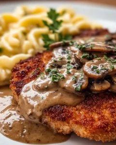 Jägerschnitzel mit Pilzsoße auf einem Teller serviert