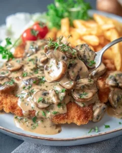 Jägerschnitzel mit cremiger Pilzsauce auf einem Teller