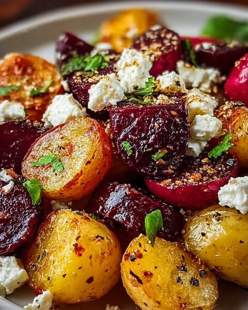 Leckere Kartoffeln mit Rote Bete und Feta auf einem Teller angerichtet