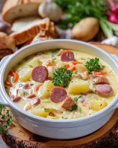 Kartoffelsuppe mit Würstchen in einer Schüssel serviert