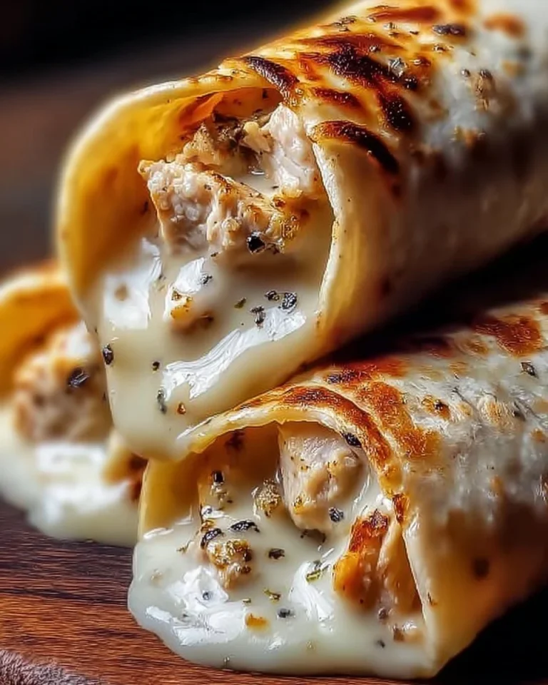 Leckere Käse-Knoblauch-Hähnchen-Wraps auf einem Teller serviert.