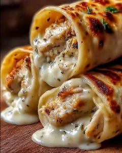 Käse-Knoblauch-Hähnchen-Wraps mit frischem Gemüse und würziger Soße