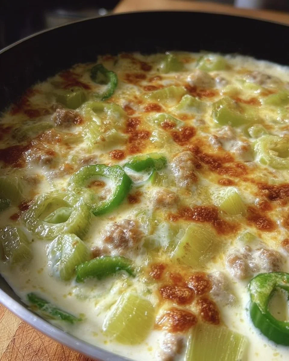 Schüssel mit Käse-Lauch-Suppe, angereichert mit frischem Lauch und Käse.