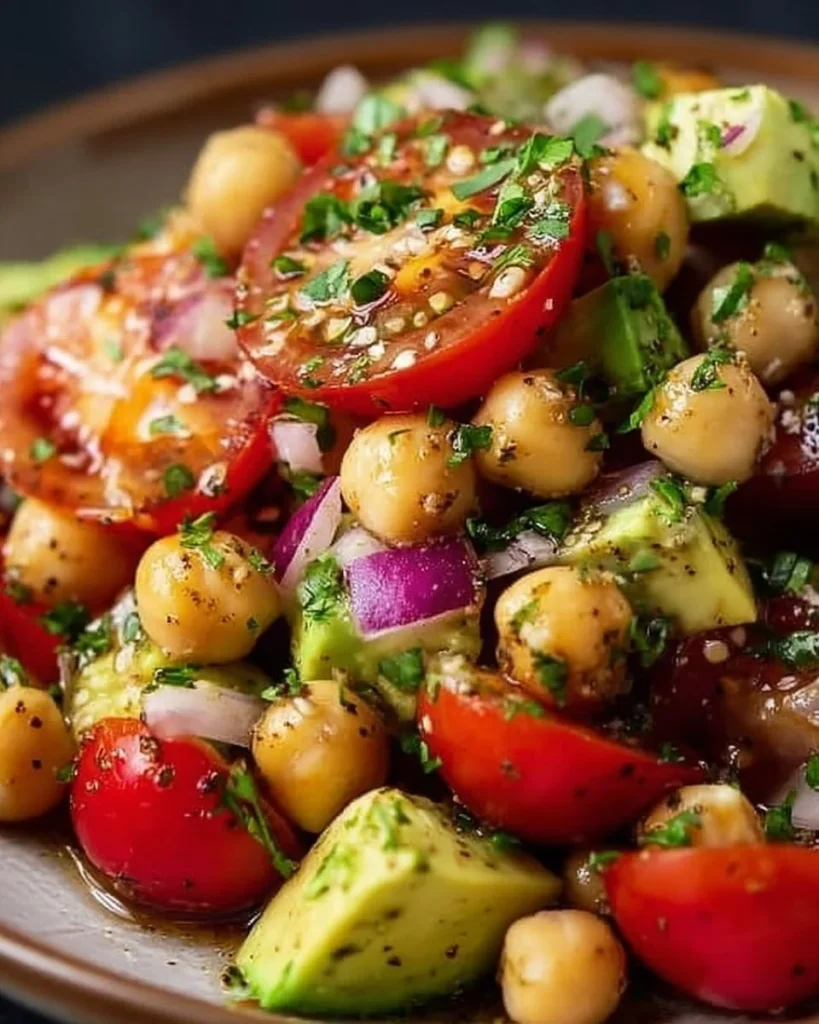 Kichererbsensalat mit Avocado und Tomate auf einem Teller angerichtet