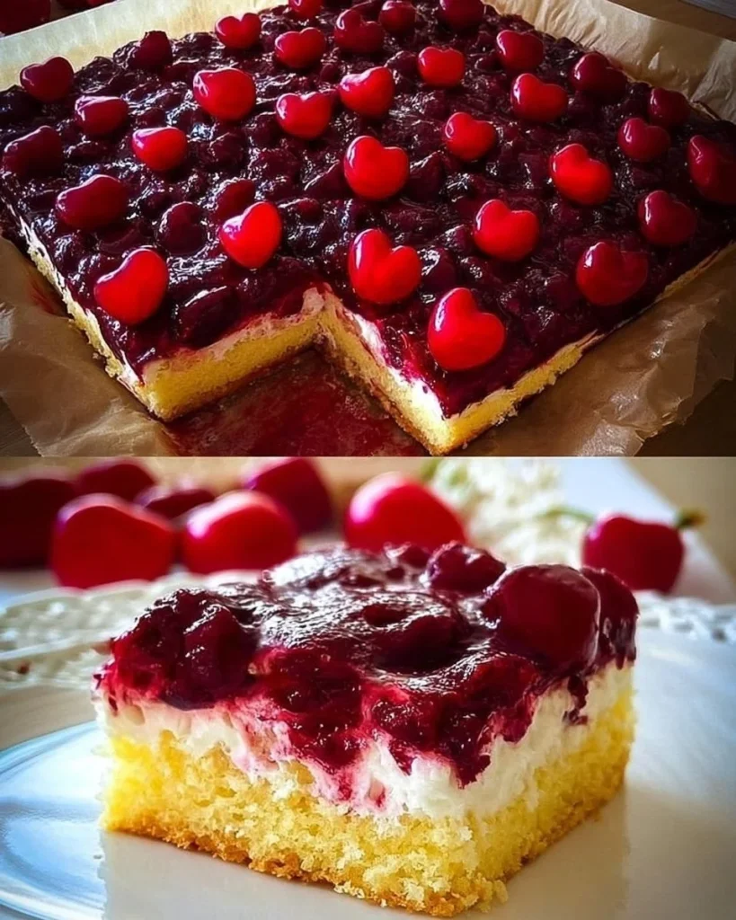 Kirsch Schmand Blechkuchen auf einem Blech, frisch gebacken und dekoriert.