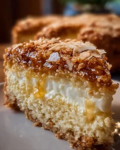 Klassischer Bienenstich Kuchen mit Mandeln und Sahnefüllung auf einem Teller