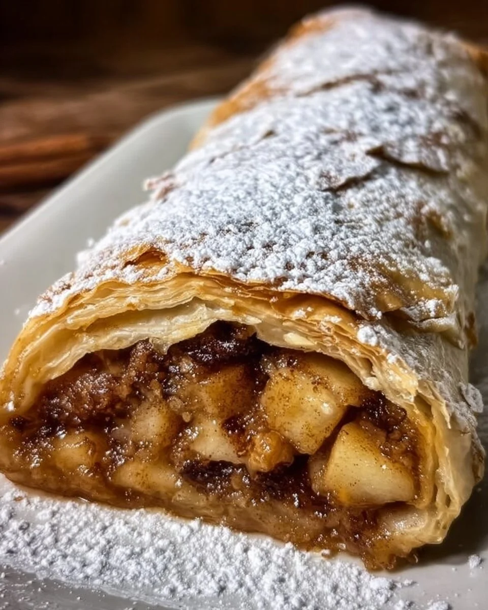 Klassischer deutscher Apfelstrudel frisch aus dem Ofen, serviert mit Vanillesoße