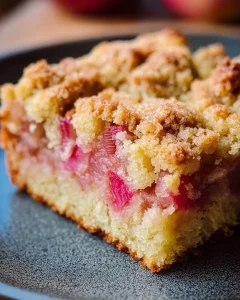 Klassischer deutscher Rhabarberkuchen auf einem Teller, garniert mit Puderzucker.