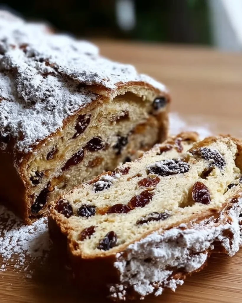 Klassischer Deutscher Stollen mit Früchten und Nüssen auf einem Holzbrett