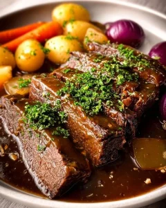 Klassischer Sauerbraten mit Beilagen und Soße serviert.