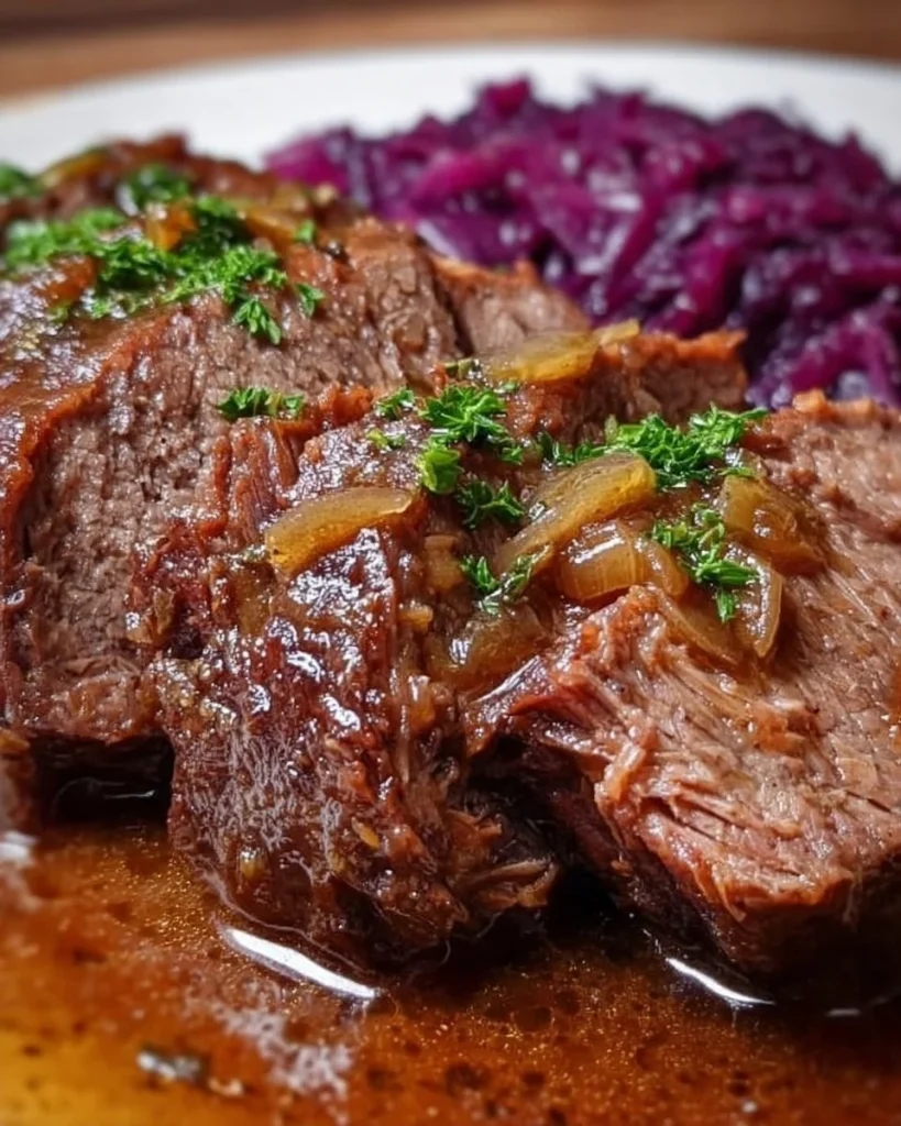 Klassischer Sauerbraten mit Beilagen serviert.
