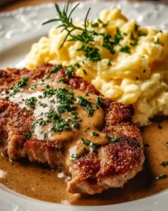 Klassisches Rahmschnitzel in cremiger Soße serviert auf einem Teller