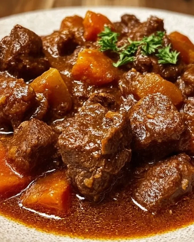 Klassisches Rindergulasch in einer Schüssel, serviert mit frischem Brot