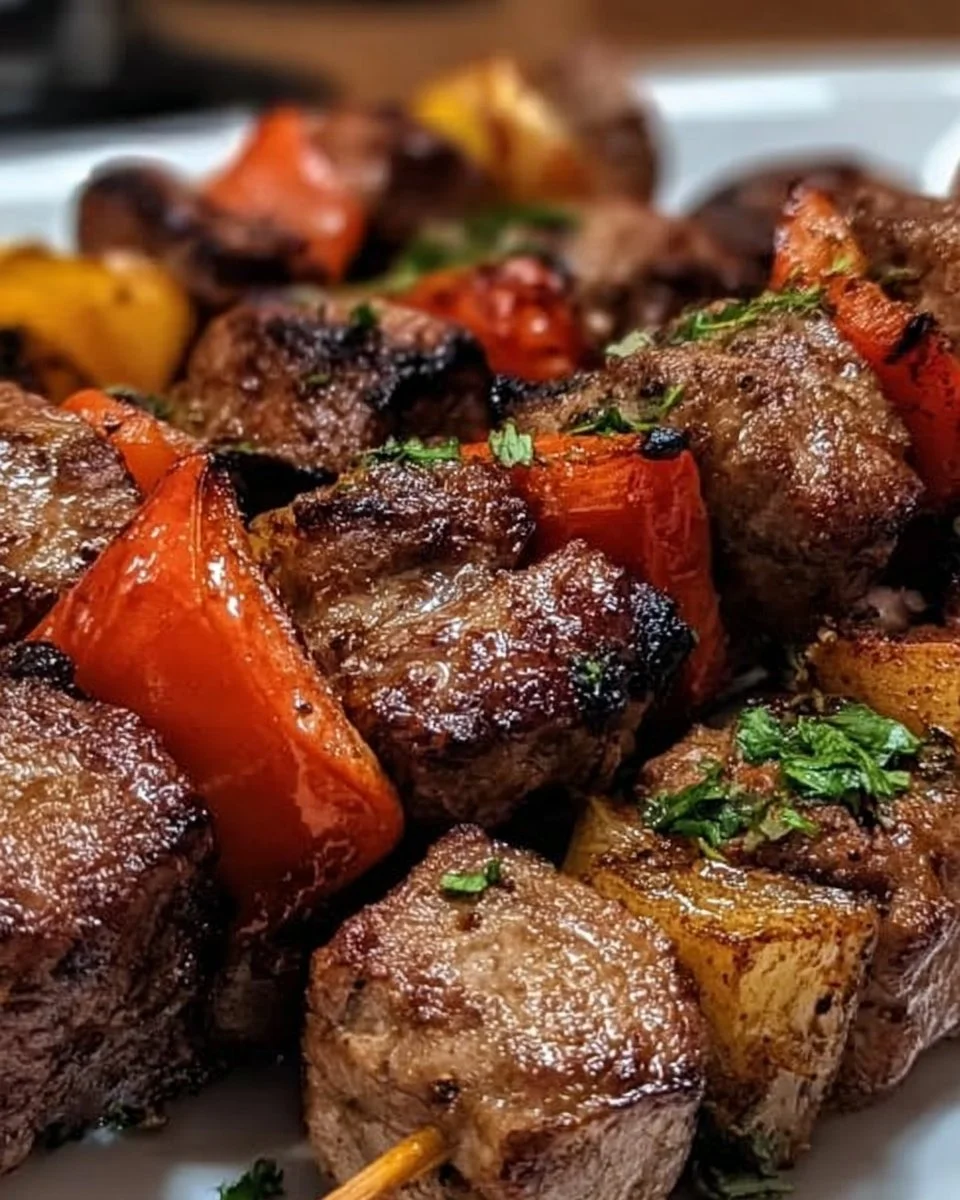 Klassisches Schaschlik mit mariniertem Fleisch und Gemüse am Grill