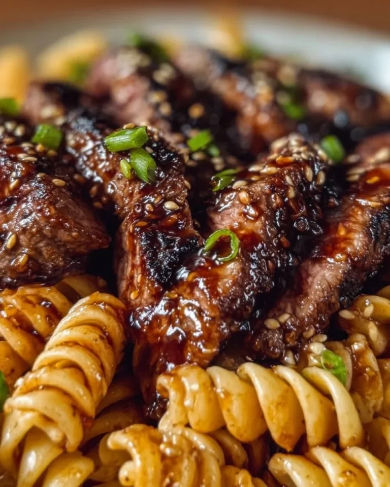 Klebriges Honig-Knoblauch-Steak mit Rotini auf einem Teller angerichtet