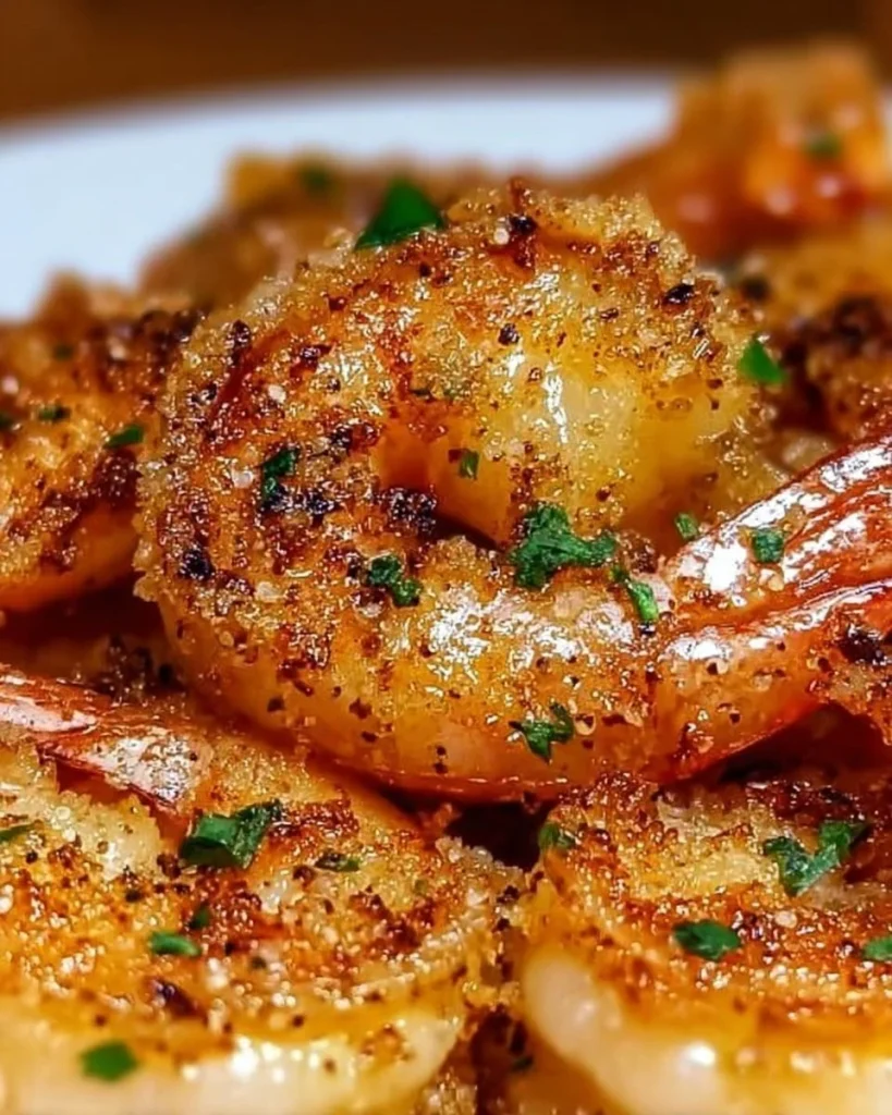 Knoblauch-Parmesan-Garnelen aus der Heißluftfritteuse auf einem Teller serviert.