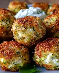 Knusprige Zucchini-Feta-Bällchen frisch aus dem Ofen serviert