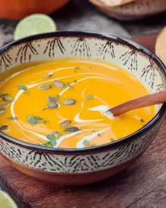 Kürbissuppe mit Kokosmilch in einer Schale mit frischen Kräutern garniert