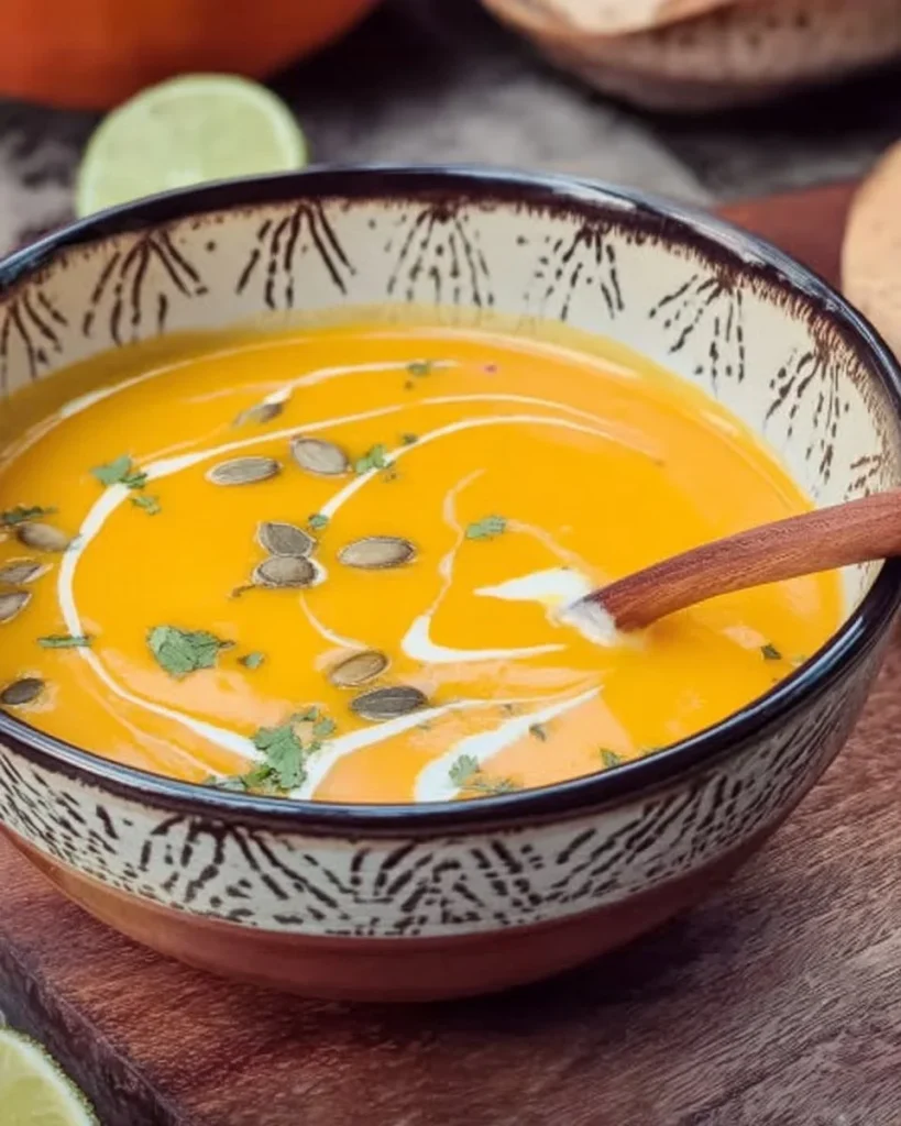 Kürbissuppe mit Kokosmilch in einer Schale mit frischen Kräutern garniert