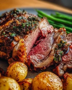 Saftiger Lammbraten auf einem Teller mit Beilagen