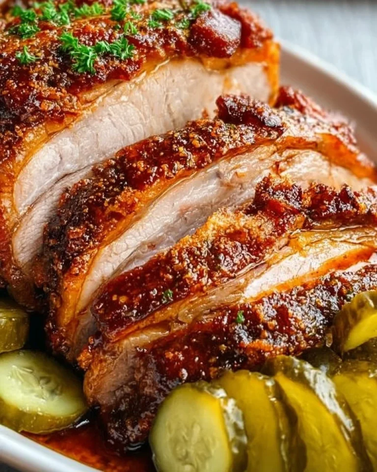 Saftiger deutscher Schweinebraten, frisch zubereitet und serviert mit Beilagen.