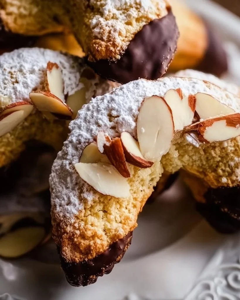 Leckere Mandelhörnchen auf einem Teller, perfekt für den Kaffeetisch.