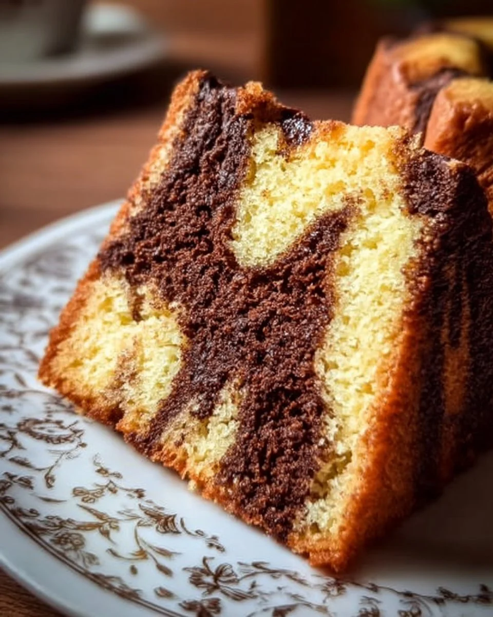 Saftiger Marmorkuchen mit Schokoladenteig und Rührteig in einer Kastenform.