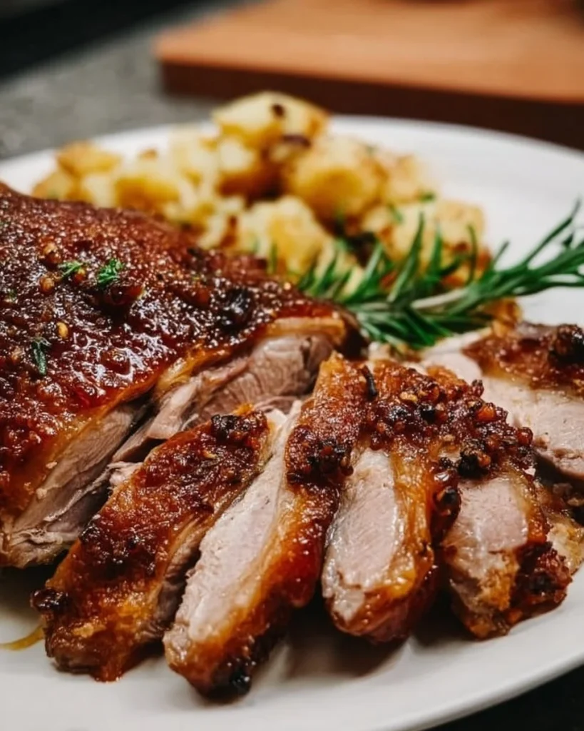 Leckeres Entenbraten-Gericht angerichtet auf einem Holzbrett.