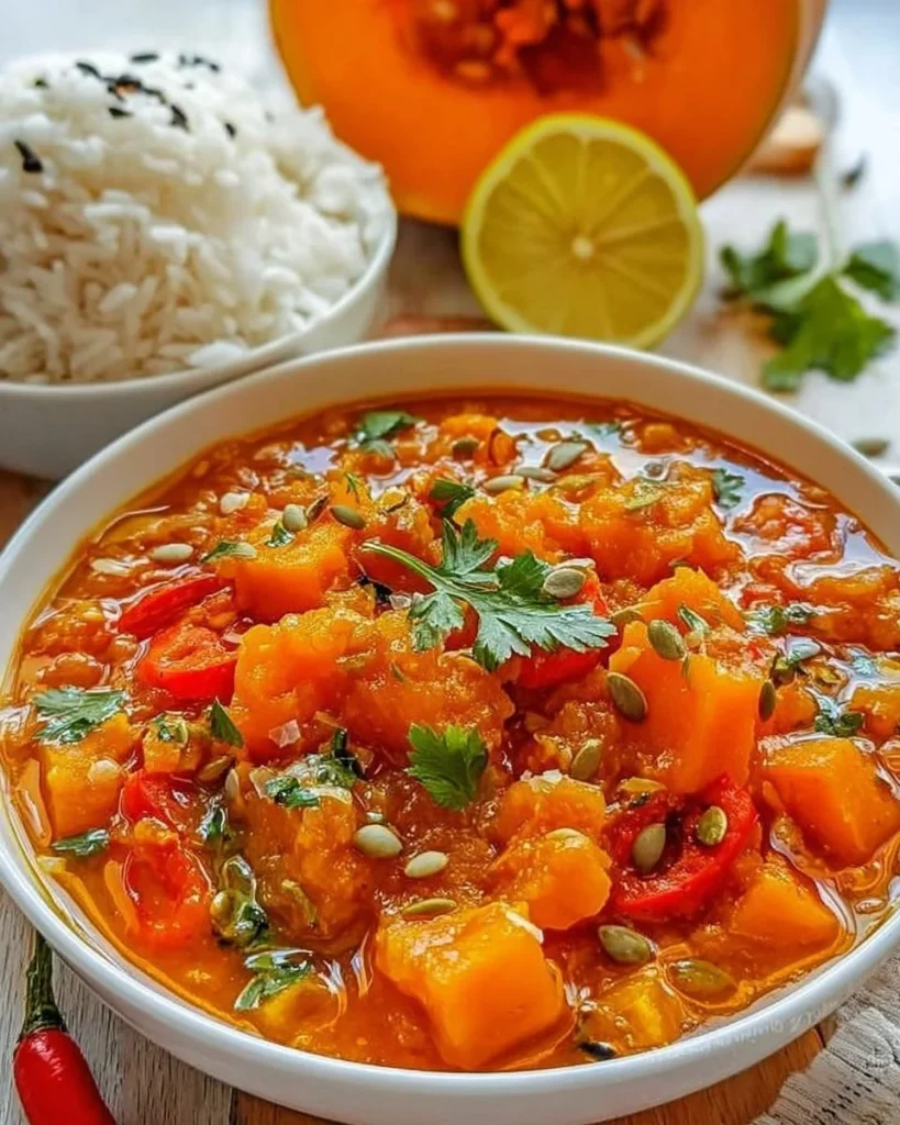 Köstliches Kürbis-Curry auf einem Teller, serviert mit frischen Kräutern.