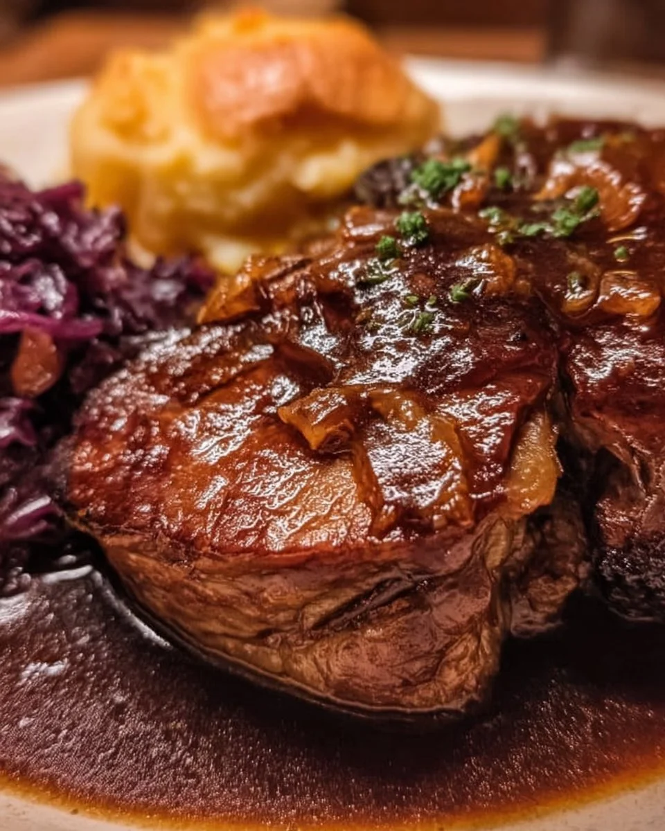 Herzhafter Wildschweinbraten auf einem rustikalen Teller serviert