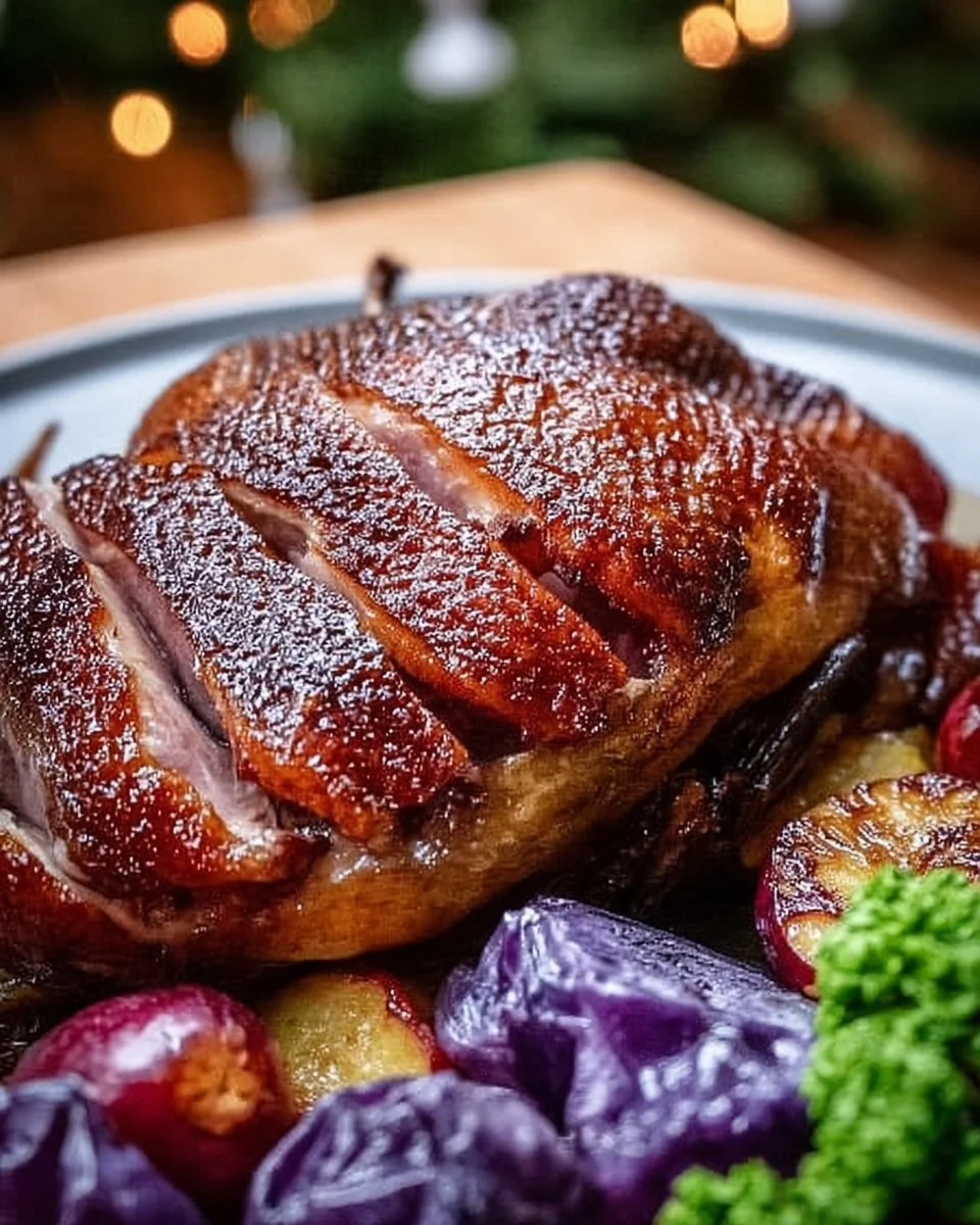 Leckerer Gänsebraten auf einem Tisch mit Beilagen für festliche Anlässe