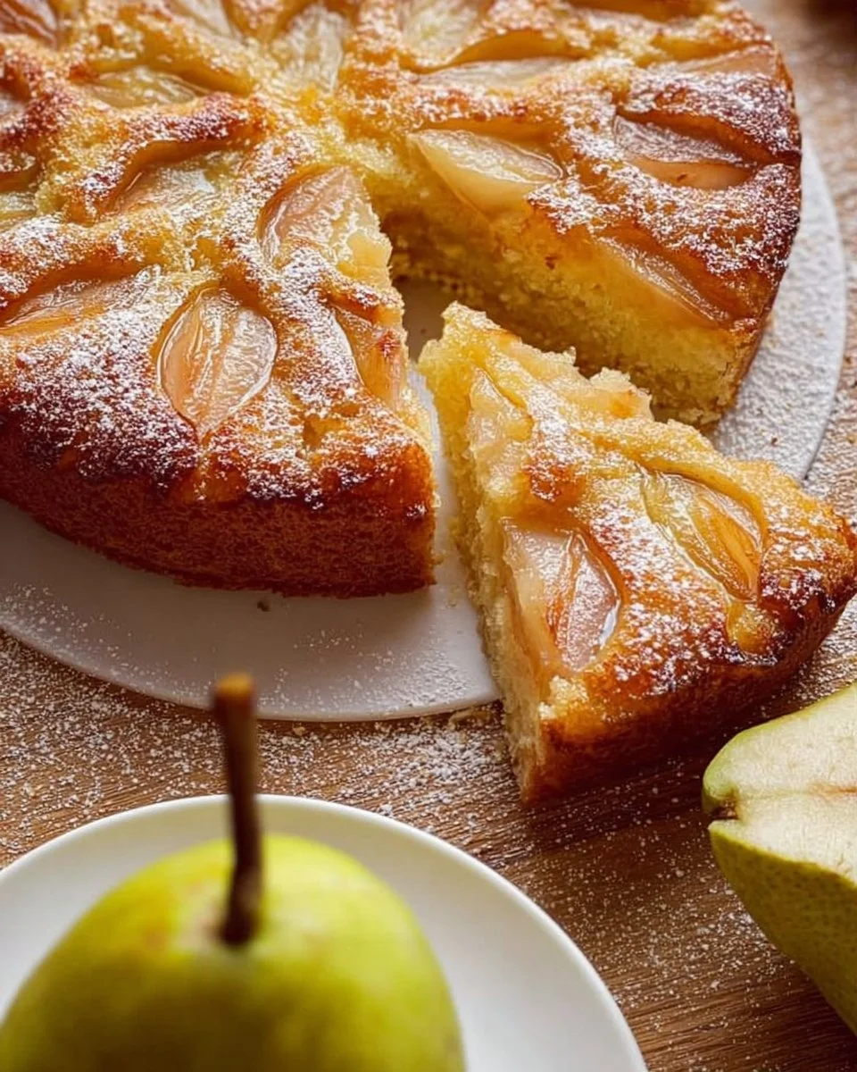 Saftiger Birnenkuchen mit frischen Birnen auf einem Teller