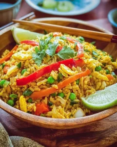 Eine leckere Portion Nasi Goreng mit Gemüse und Gewürzen auf einem Teller.