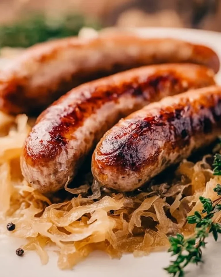 Nürnberger Rostbratwurst mit frischem Sauerkraut auf einem Teller serviert