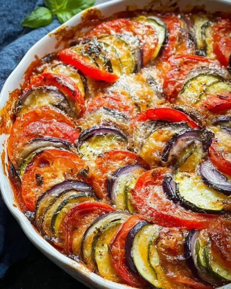 Ofen-Ratatouille mit frischem Gemüse und Gewürzen im Backofen zubereitet.