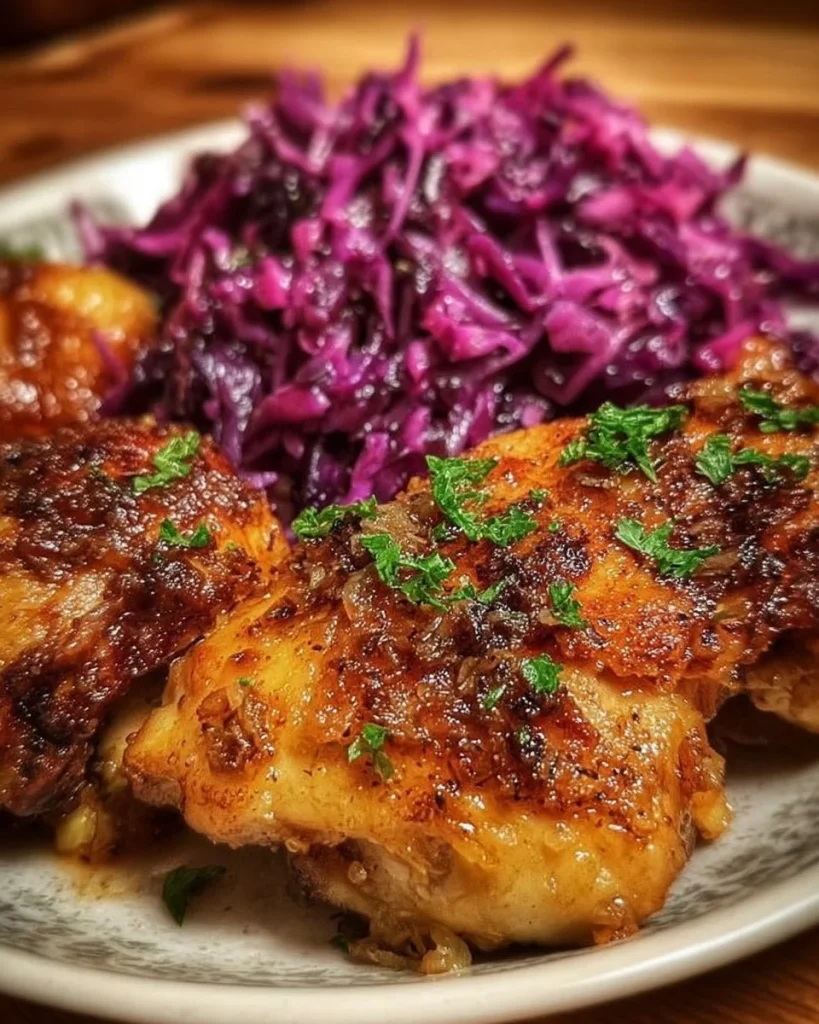Oktoberfest Hähnchen serviert mit rotem Kohl auf einem traditionellen bayerischen Tisch.