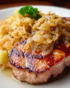 Omas leckeres Kasseler mit Sauerkraut auf dem Teller serviert.