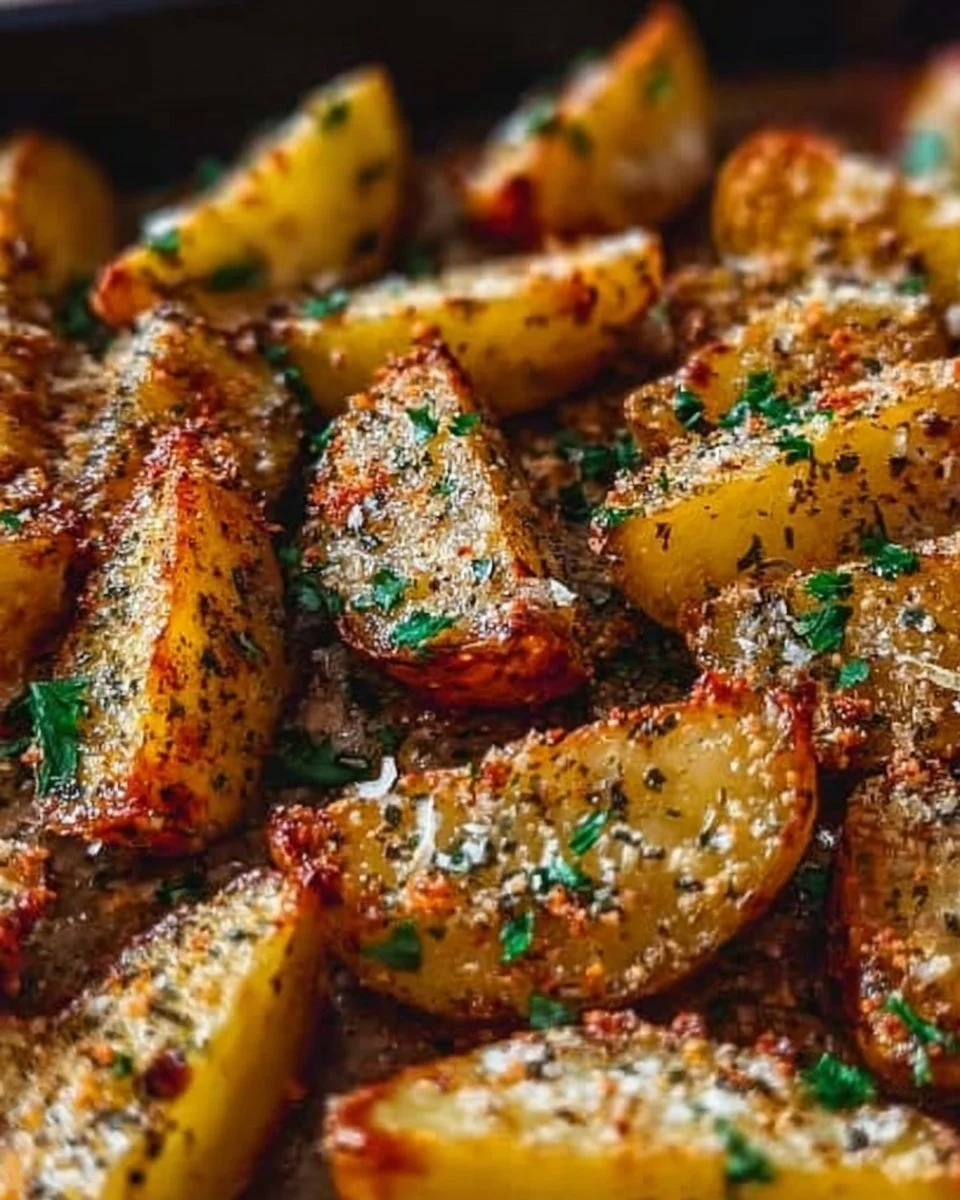 Leckere Parmesan-Kartoffeln aus dem Ofen, goldbraun und knusprig serviert.