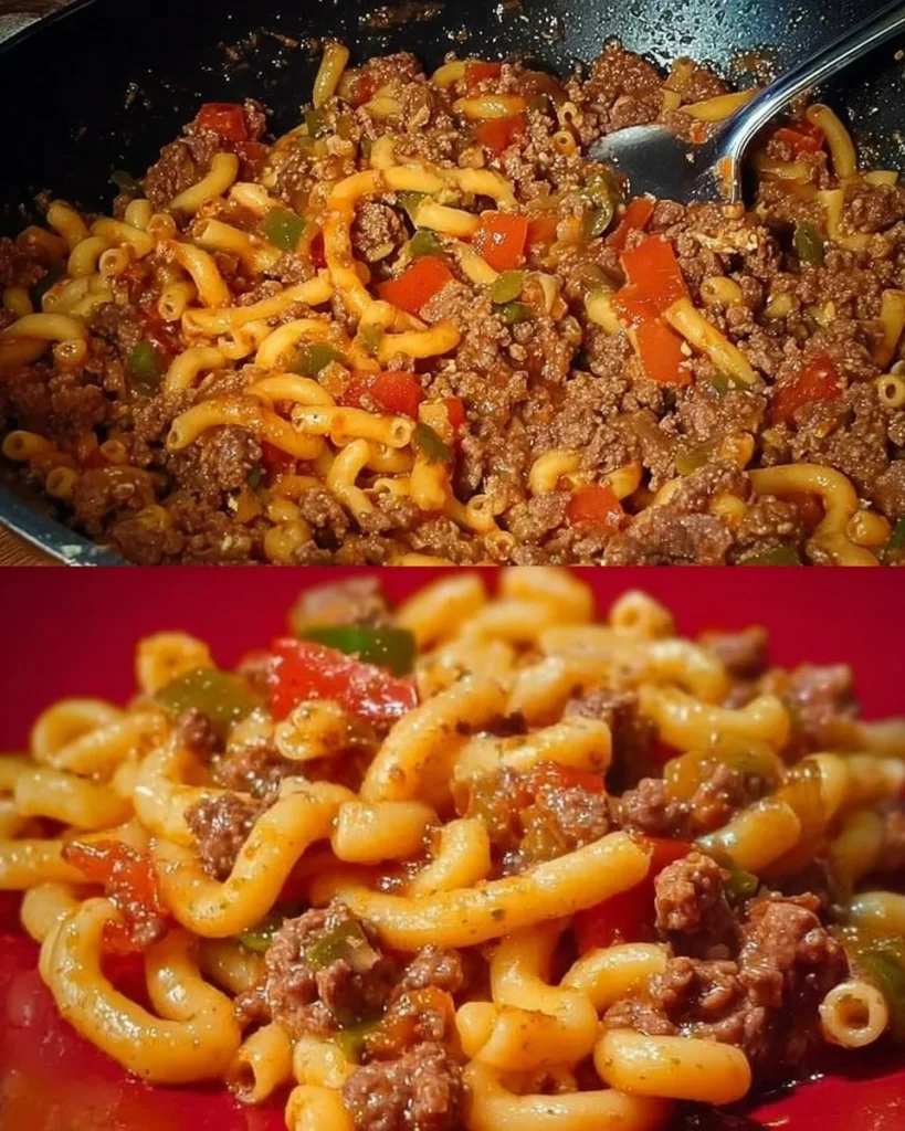 Pfannen-Hackfleisch mit Gabelspaghetti auf einem Teller serviert