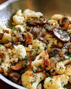 Leckere Pilz-Blumenkohl-Pfanne auf einem Teller serviert