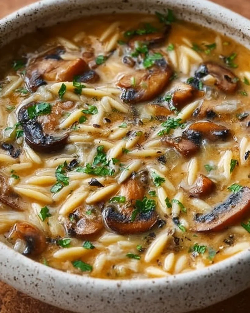 Schüssel mit cremiger Pilzsuppe und Orzo-Nudeln, garniert mit frischen Kräutern