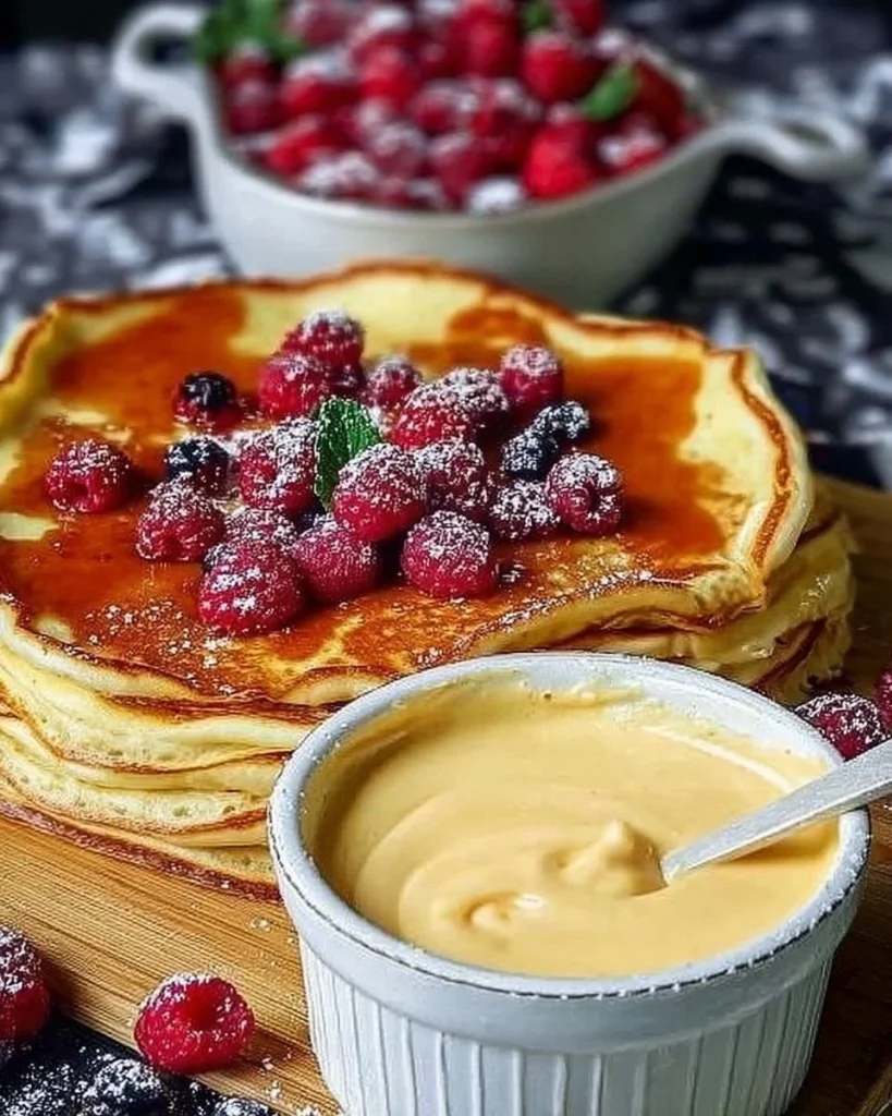Quark Pfannkuchen mit Pudding ohne Mehl auf einem Teller