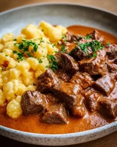 Rahmgulasch serviert mit Beilagen auf einem Teller