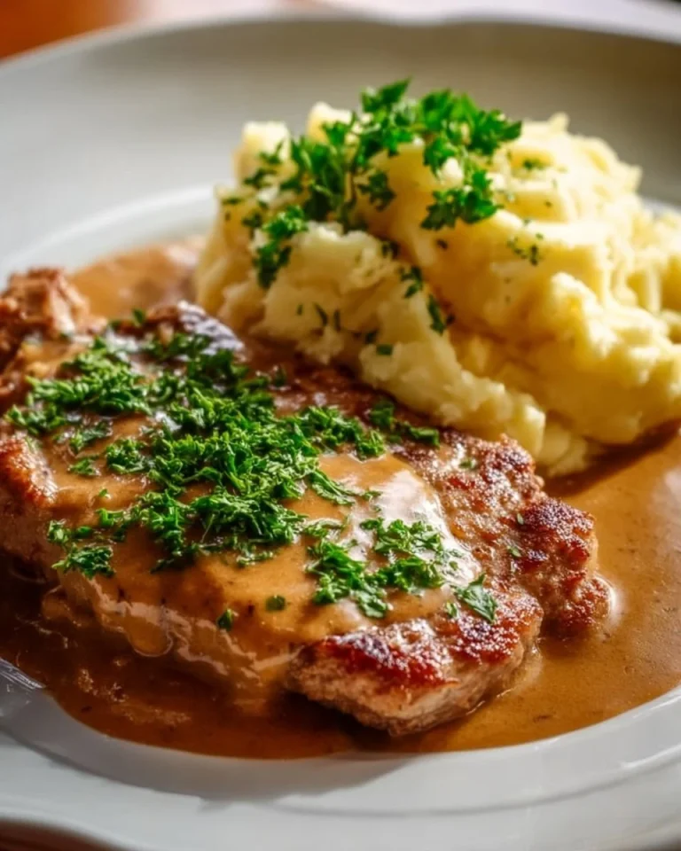 Zartes Rahmschnitzel mit cremiger Sauce auf einem Teller serviert.
