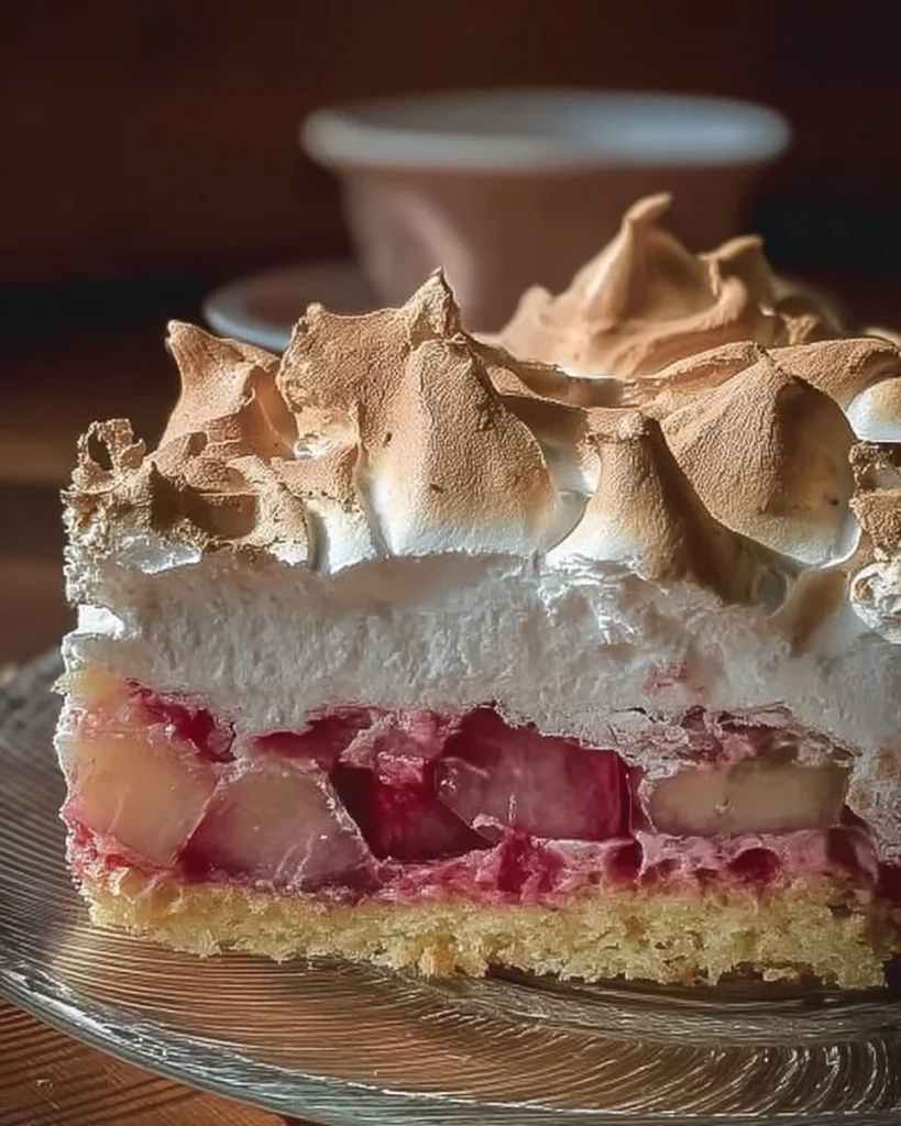 Leckerer Rhabarber-Baiser-Kuchen auf einem Teller
